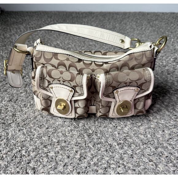 Coach Handbags - Y2K COACH Brown White Legacy Shoulder Double Turn Lock Signature Bag